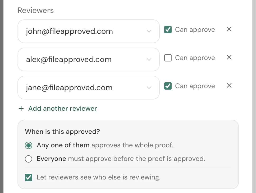 The Reviewers section of the New Approval Request window, with three reviewers, a Can approve checkbox beside each one, and the approval options below